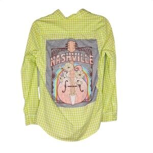 Joe Fresh Neon Yellow Plais Button Down Shirt with Nashville Graphic Back XS